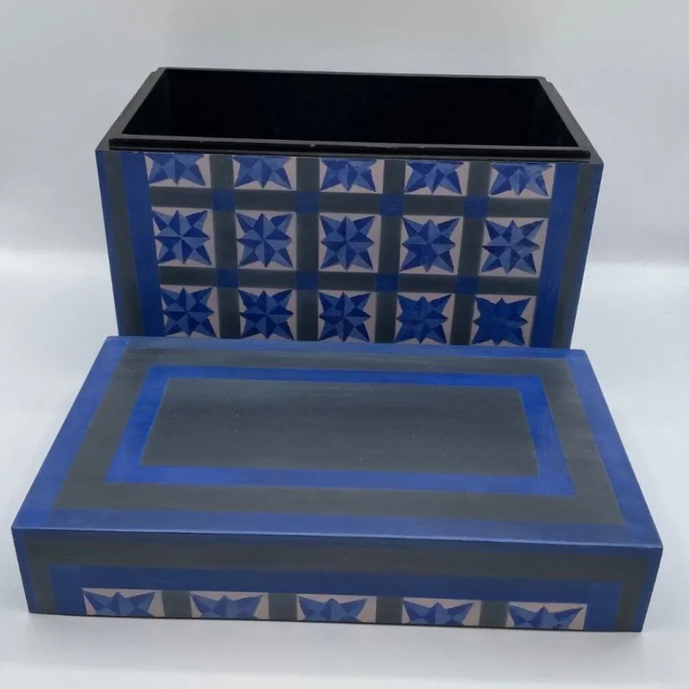 Hand Painted Folk Art Wood Storage Box with Lid Star Barn Quilt 11 x 6